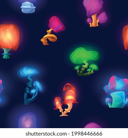 Seamless pattern with unusual glowing fantasy mushrooms on black background. Colorful magic psychedelic plants growing in fabulous nature. Vector flat cartoon illustration.