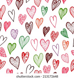 seamless pattern of unusual hand drawn hearts, background wallpaper of love, wrapping paper - vector illustration