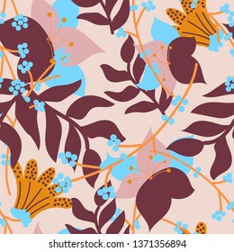Seamless pattern with unusual leaves and flowers. Vector design.