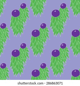 Seamless pattern with unusual purple berries with green leaves painted by hand on a light purple background