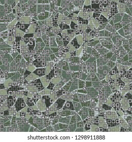Seamless pattern. The upper layer consists of five-pointed stars inscribed in squares, of different transparency. Background consisting of chaotic spots of marble pattern. Editable.
