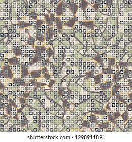 Seamless pattern. The upper layer consists of five-pointed stars inscribed in squares, of different transparency. Background consisting of chaotic spots of marble pattern. Editable.