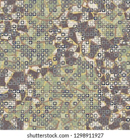 Seamless pattern. The upper layer consists of five-pointed stars inscribed in squares, of different transparency. Background consisting of chaotic spots of marble pattern. Editable.