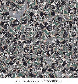 Seamless pattern. The upper layer consists of five-pointed stars inscribed in squares, of different transparency.
The background consists of fragments forming a marble pattern. Editable.