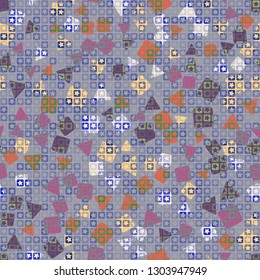 Seamless pattern. The upper layer consists of five-pointed stars inscribed in squares, of different transparency.
The background consists of a placer of triangles and squares. Editable.