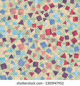 Seamless pattern. The upper layer consists of five-pointed stars inscribed in squares, of different transparency.
The background consists of a placer of triangles and squares. Editable.