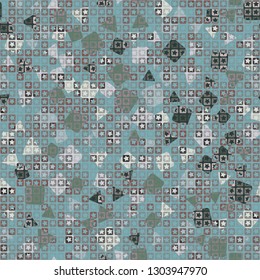 Seamless pattern. The upper layer consists of five-pointed stars inscribed in squares, of different transparency.
The background consists of a placer of triangles and squares. Editable.