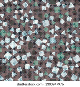 Seamless pattern. The upper layer consists of five-pointed stars inscribed in squares, of different transparency.
The background consists of a placer of triangles and squares. Editable.