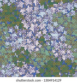 Seamless pattern. The upper layer consists of five-pointed stars inscribed in squares, of different transparency.
The background consists of rounded five-pointed stars. Editable.
