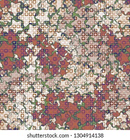 Seamless pattern. The upper layer consists of five-pointed stars inscribed in squares, of different transparency.
The background consists of rounded five-pointed stars. Editable.