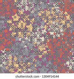 Seamless pattern. The upper layer consists of five-pointed stars inscribed in squares, of different transparency.
The background consists of rounded five-pointed stars. Editable.