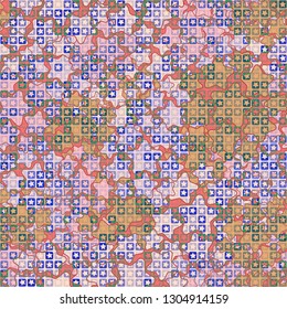 Seamless pattern. The upper layer consists of five-pointed stars inscribed in squares, of different transparency.
The background consists of rounded five-pointed stars. Editable.