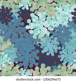 Seamless pattern. The upper layer consists of five-pointed stars inscribed in squares, of different transparency.
The background consists of chaos of branched blots. Editable.