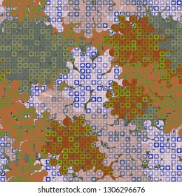 Seamless pattern. The upper layer consists of five-pointed stars inscribed in squares, of different transparency.
The background consists of chaos of branched blots. Editable.