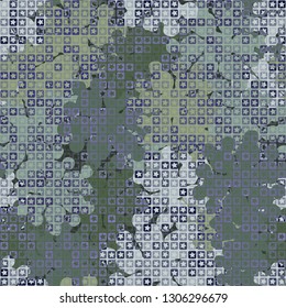 Seamless pattern. The upper layer consists of five-pointed stars inscribed in squares, of different transparency.
The background consists of chaos of branched blots. Editable.