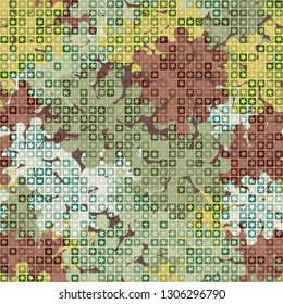 Seamless pattern. The upper layer consists of five-pointed stars inscribed in squares, of different transparency.
The background consists of chaos of branched blots. Editable.
