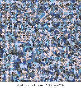 Seamless pattern. The upper layer consists of five-pointed stars inscribed in squares, of different transparency.
Background consisting of chaos of small acute-angled elements. Editable.