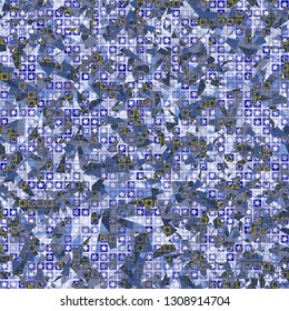 Seamless pattern. The upper layer consists of five-pointed stars inscribed in squares, of different transparency.
Background consisting of chaos of small acute-angled elements. Editable.