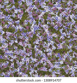 Seamless pattern. The upper layer consists of five-pointed stars inscribed in squares, of different transparency.
Background consisting of chaos of small acute-angled elements. Editable.