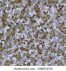 Seamless pattern. The upper layer consists of five-pointed stars inscribed in squares, of different transparency.
Background consisting of chaos of small acute-angled elements. Editable.