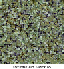 Seamless pattern. The upper layer consists of five-pointed stars inscribed in squares, of different transparency.
Background consisting of chaos of small acute-angled elements. Editable.