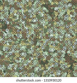 Seamless pattern. The upper layer consists of five-pointed stars inscribed in squares, of different transparency.
The background consists of scattered dumbbell-shaped figures.