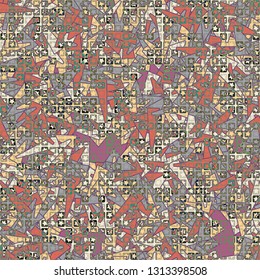 Seamless pattern. The upper layer consists of five-pointed stars inscribed in squares, of different transparency.
Background consisting of chaos of elongated trapezium. Editable.