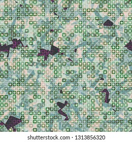 Seamless pattern. The upper layer consists of five-pointed stars inscribed in squares, of different transparency.
Background consisting of chaos of elongated trapezium. Editable.