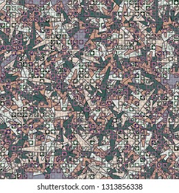Seamless pattern. The upper layer consists of five-pointed stars inscribed in squares, of different transparency.
Background consisting of chaos of elongated trapezium. Editable.