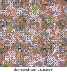 Seamless pattern. The upper layer consists of five-pointed stars inscribed in squares, of different transparency.
Background consisting of chaos of elongated trapezium. Editable.