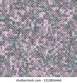 Seamless pattern. The upper layer consists of five-pointed stars inscribed in squares, of different transparency.
Background consisting of chaos of elongated trapezium. Editable.