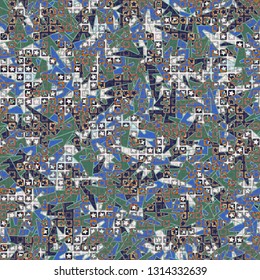 Seamless pattern. The upper layer consists of five-pointed stars inscribed in squares, of different transparency.
Background consisting of chaos of elongated trapezium. Editable.