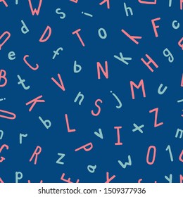 Seamless pattern of uppercase and lowercase letters of the Latin alphabet on a dark turquoise background. Pink and blue hand-drawn and traced symbols are randomly scattered on the background.
