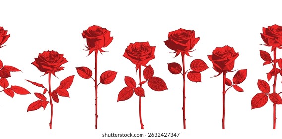 Seamless pattern of upright red roses with stems — a structured and repeating floral design for wrapping paper, wallpaper, or fabric.