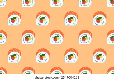 seamless pattern with uramaki sushi on orange background.