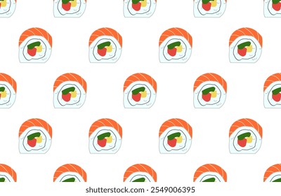 seamless pattern with uramaki sushi on white background.