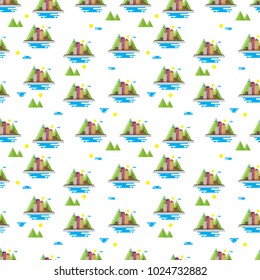 Seamless pattern with Urban city Landscape with Mountain a white background. Vector repeating texture.