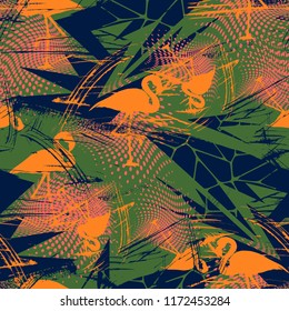 Seamless pattern with urban geometry elements and flamingo. Greeting card, invitation for summer beach party, flyer, textile print. Vector illustration. Grunge design style