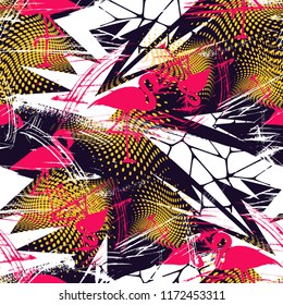 Seamless pattern with urban geometry elements and flamingo. Greeting card, invitation for summer beach party, flyer, textile print. Vector illustration. Grunge design style
