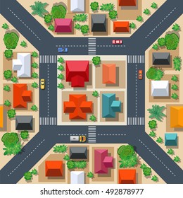 Seamless pattern of the urban landscape. Top view of a highway junction and a traffic intersection in the city with houses, trees and streets