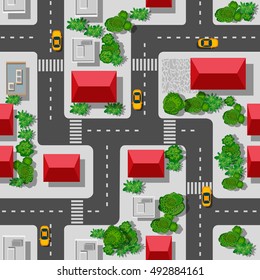 Seamless pattern of the urban landscape. Top view of a highway junction and a traffic intersection in the city with houses, trees, and streets
