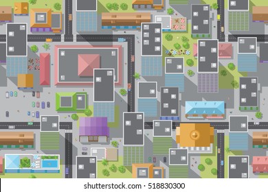Seamless pattern of the urban landscape. (top view) Vector illustration. The city with streets, houses, roads, cars. (view from above) 