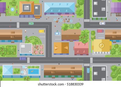 Seamless pattern of the urban landscape. (top view) Vector illustration. The city with streets, houses, roads, cars. (view from above) 