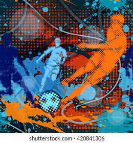 Seamless pattern in urban style. Bright colored abstract background with graffiti motives. Vector wallpaper with soccer player kicking a ball.
