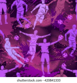 Seamless pattern in urban style. Bright colored abstract background with graffiti motives. Vector wallpaper with soccer players in different poses.