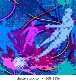 Seamless pattern in urban style. Bright colored abstract background with graffiti motives. Vector wallpaper with soccer player kicking a ball.