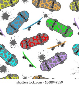 Seamless pattern urban style. multicolored skates and gray blots on white background.