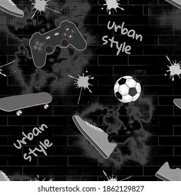 Estilo urbano sin inconvenientes. Sneakers, joystick, ball, skate, ladrillo y textura grunge sobre fondo negro.