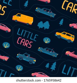 Patrón sin problemas de los vehículos urbanos. Fondo de transporte de caricaturas para los niños. Dibujo de carros de juguetes Doodle para niños en el fondo oscuro. Vector