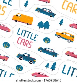 Patrón sin problemas de los vehículos urbanos. Fondo de transporte de caricaturas para los niños. Dibujo de coches de juguete para niños Doodle aislado en el fondo blanco. Vector